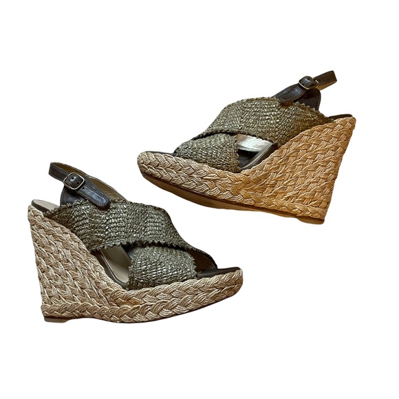 Stuart Weitzman Alex Raffia Green Wedge Shoes Size 7.5 - Picture 4 of 9